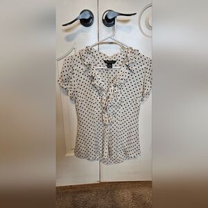 White House Black Market Cream and Black Polka Dot Ruffle Blouse